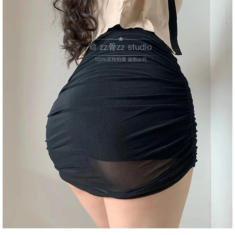 Women's Black Mesh Pleated High Waist Mini Skirt | Korean Style Streetwear