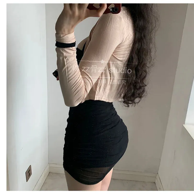 Women's Black Mesh Pleated High Waist Mini Skirt | Korean Style Streetwear