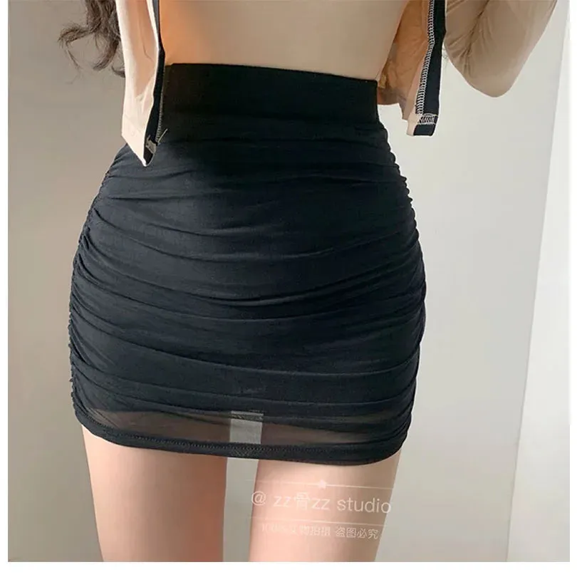 Women's Black Mesh Pleated High Waist Mini Skirt | Korean Style Streetwear