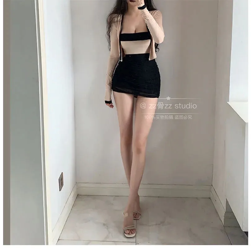 Women's Black Mesh Pleated High Waist Mini Skirt | Korean Style Streetwear