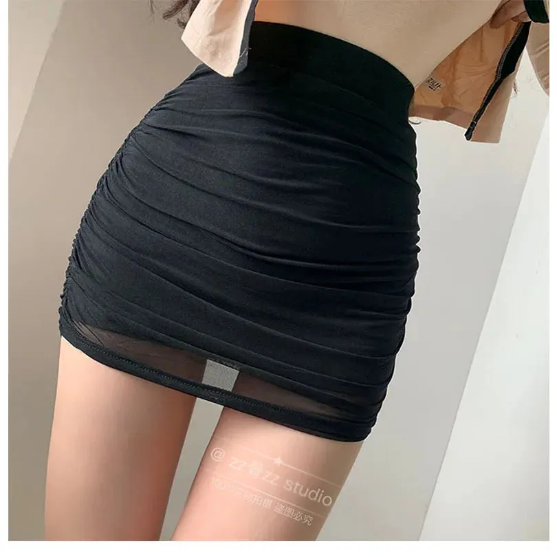 Women's Black Mesh Pleated High Waist Mini Skirt | Korean Style Streetwear