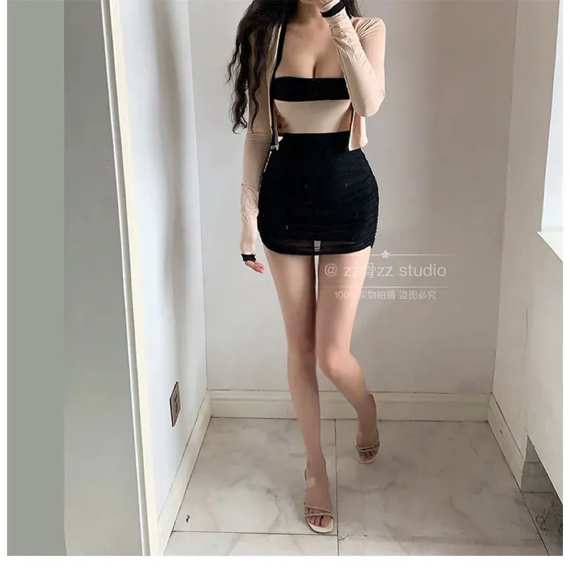 Women's Black Mesh Pleated High Waist Mini Skirt | Korean Style Streetwear