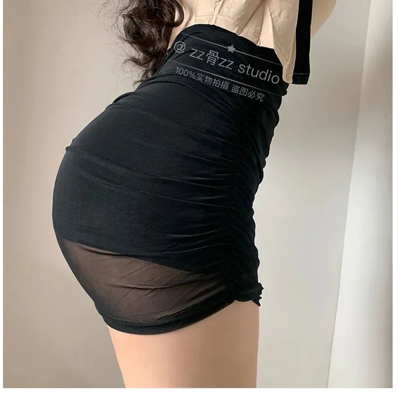 Women's Black Mesh Pleated High Waist Mini Skirt | Korean Style Streetwear