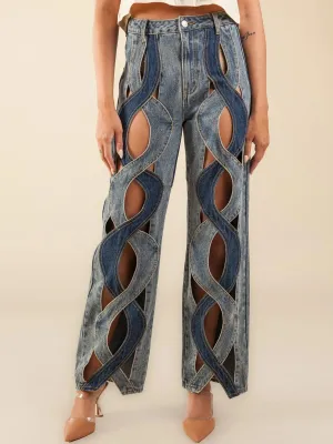 WOMEN'S BUTTON CLOSURE CUT OUT DETAILED DENIM PANTS