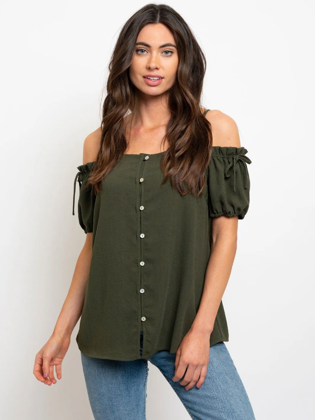 WOMEN'S COLD SHOULDER BUTTON UP TOP