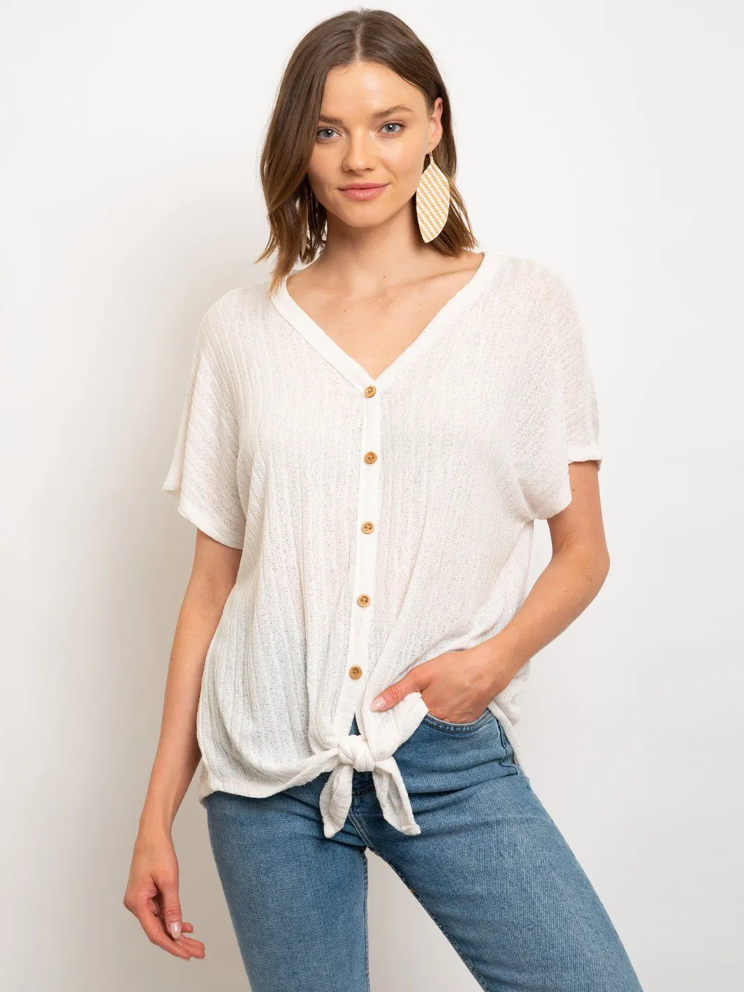 WOMEN'S CREPE RIB WOOD BUTTON DOWN TIE FRONT KNIT TOP