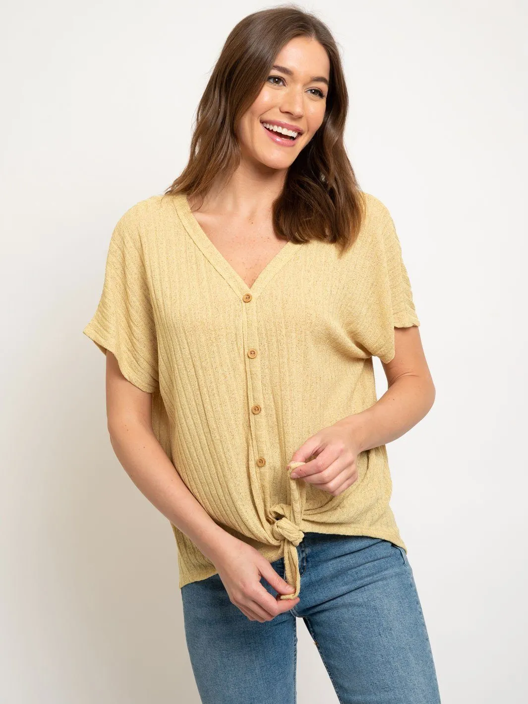 WOMEN'S CREPE RIB WOOD BUTTON DOWN TIE FRONT KNIT TOP