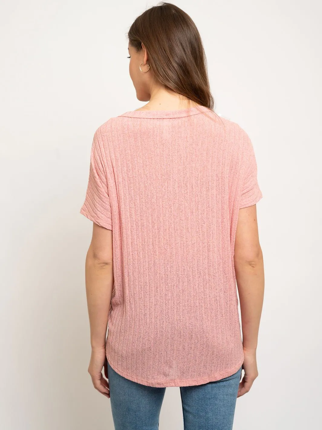 WOMEN'S CREPE RIB WOOD BUTTON DOWN TIE FRONT KNIT TOP