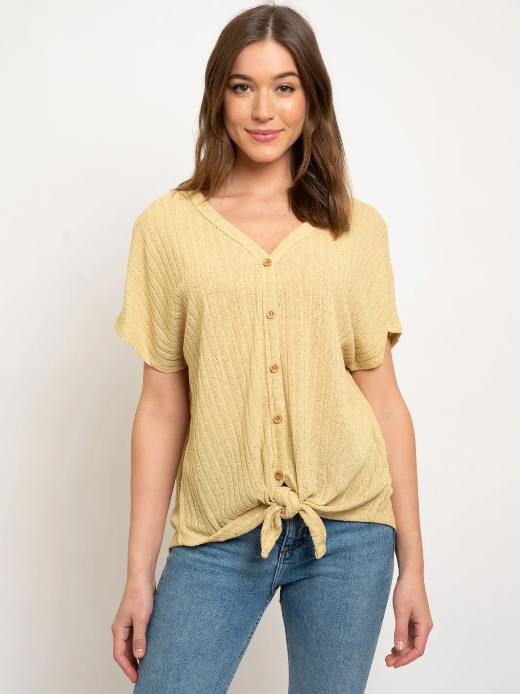 WOMEN'S CREPE RIB WOOD BUTTON DOWN TIE FRONT KNIT TOP