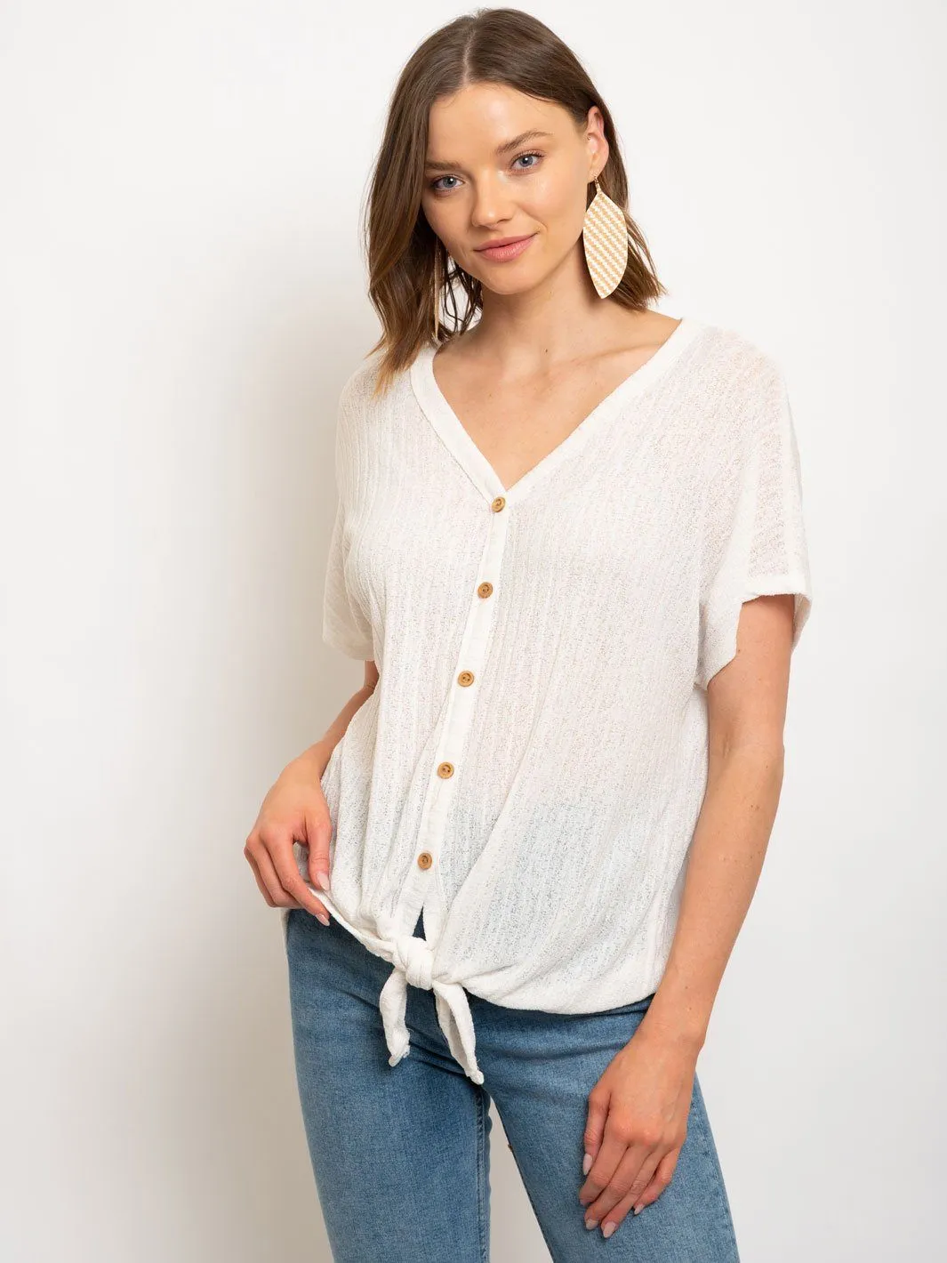 WOMEN'S CREPE RIB WOOD BUTTON DOWN TIE FRONT KNIT TOP