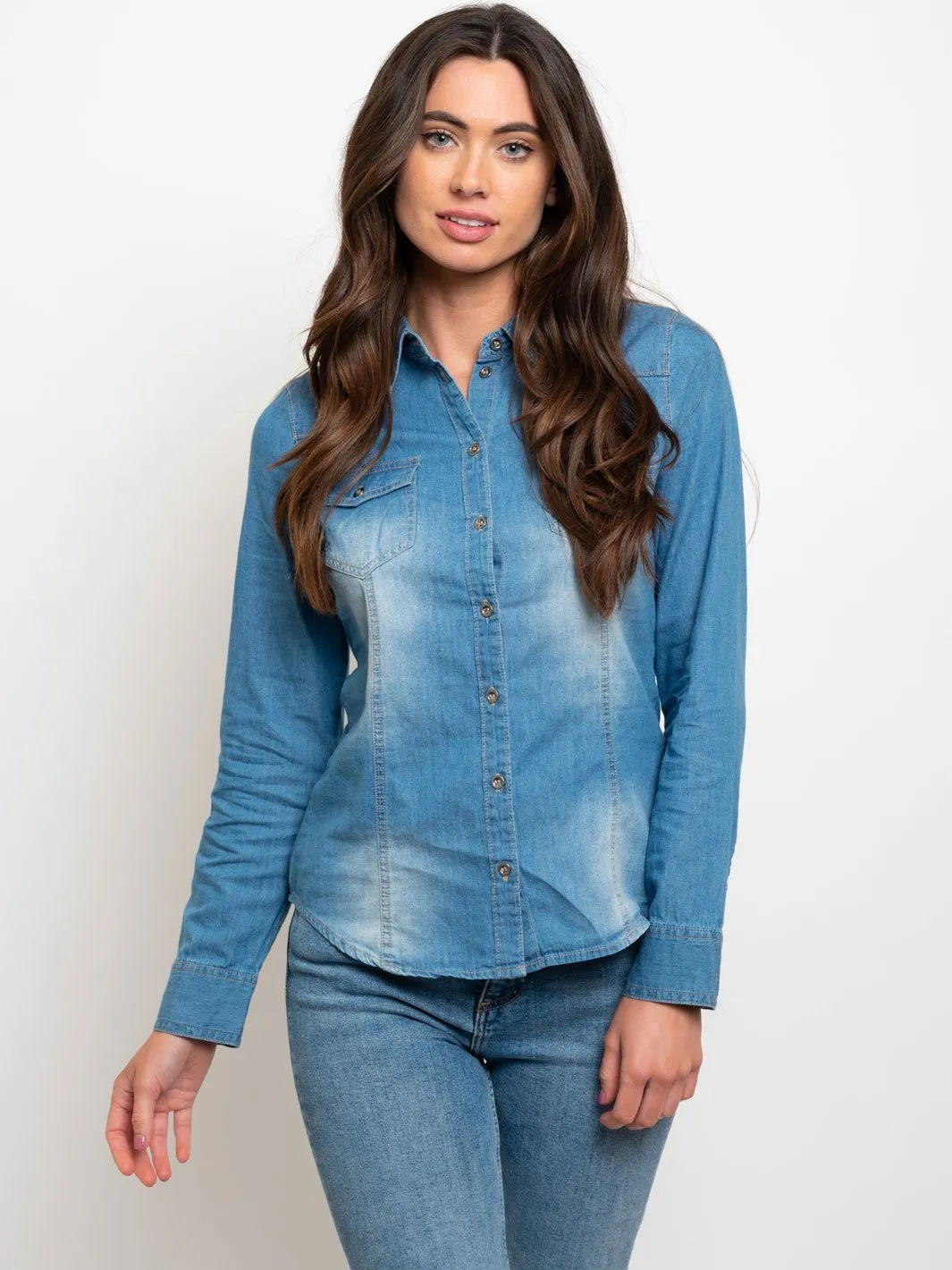 WOMEN'S DENIM WASH LONG SLEEVE BUTTON UP TOP