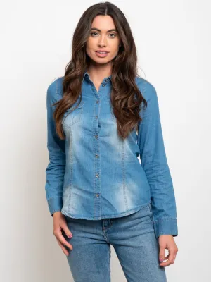 WOMEN'S DENIM WASH LONG SLEEVE BUTTON UP TOP
