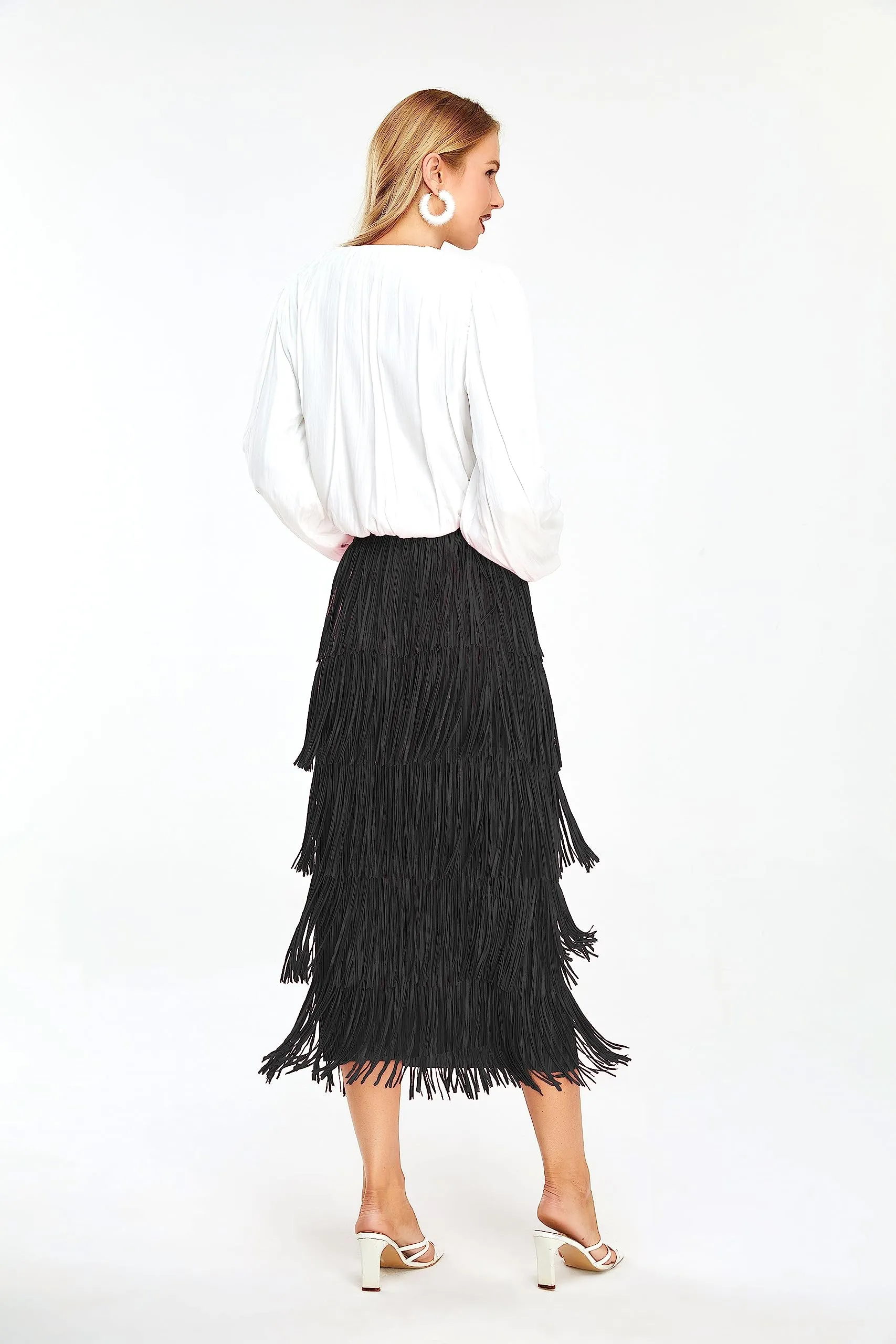 Women's Fringe Trim High Waist Short Pencil Bodycon Skirts, Sexy Elegant Fringe Long Maxi Skirt Summer Party Work