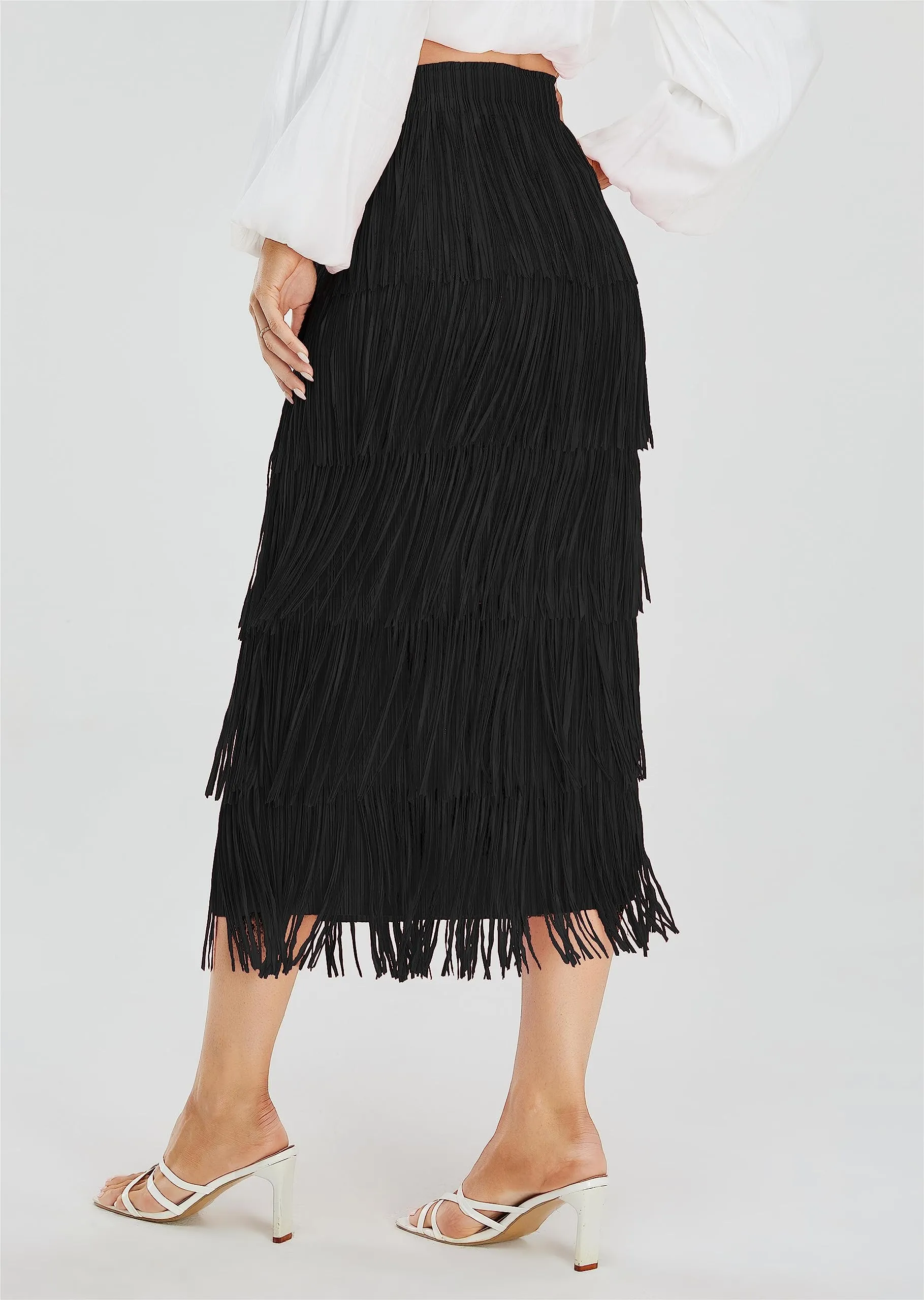 Women's Fringe Trim High Waist Short Pencil Bodycon Skirts, Sexy Elegant Fringe Long Maxi Skirt Summer Party Work
