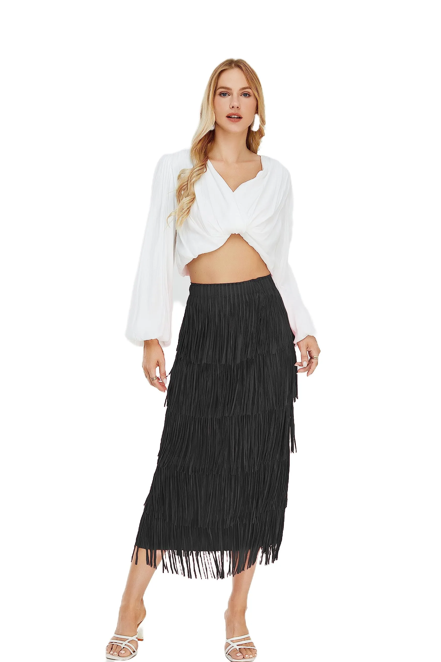 Women's Fringe Trim High Waist Short Pencil Bodycon Skirts, Sexy Elegant Fringe Long Maxi Skirt Summer Party Work