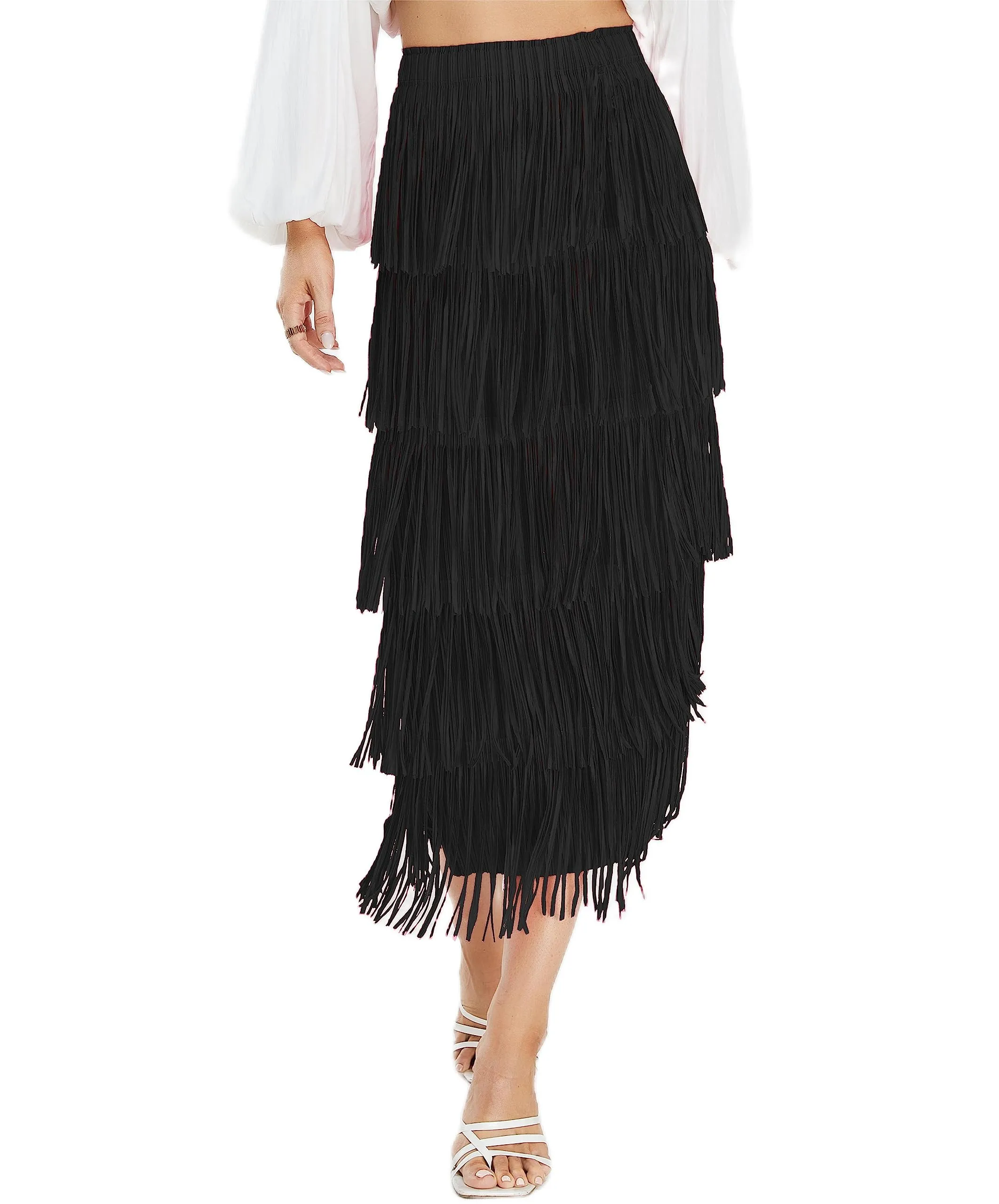 Women's Fringe Trim High Waist Short Pencil Bodycon Skirts, Sexy Elegant Fringe Long Maxi Skirt Summer Party Work