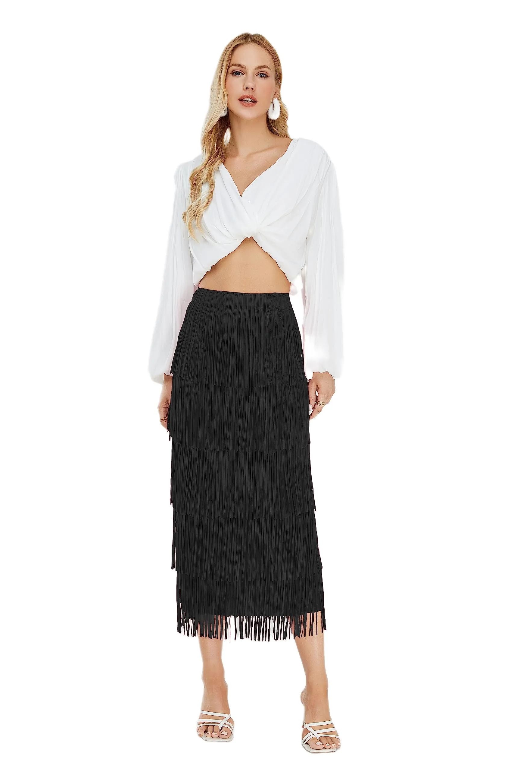 Women's Fringe Trim High Waist Short Pencil Bodycon Skirts, Sexy Elegant Fringe Long Maxi Skirt Summer Party Work