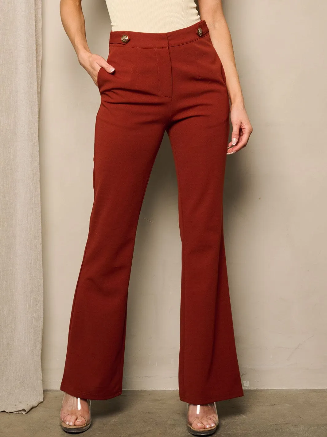 WOMEN'S HIGH WAIST BUTTON CLOSURE POCKETS WIDE LEG PANTS