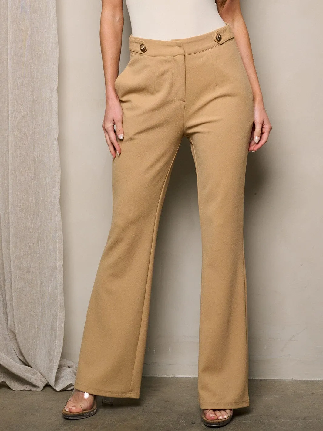 WOMEN'S HIGH WAIST BUTTON CLOSURE POCKETS WIDE LEG PANTS