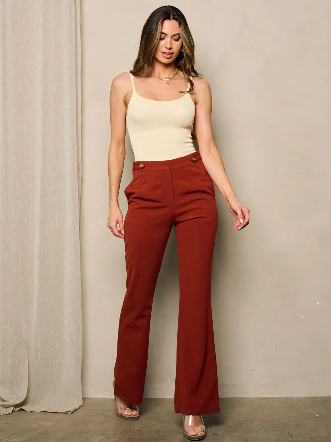 WOMEN'S HIGH WAIST BUTTON CLOSURE POCKETS WIDE LEG PANTS