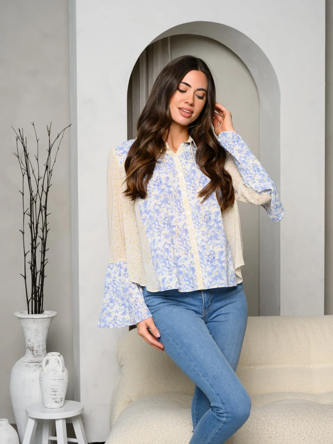 WOMEN'S LONG BELL SLEEVE 2 TONE BUTTON UP PRINT TOP