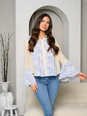 WOMEN'S LONG BELL SLEEVE 2 TONE BUTTON UP PRINT TOP