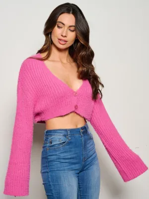 WOMEN'S LONG BELL SLEEVE BUTTON UP CROP TOP