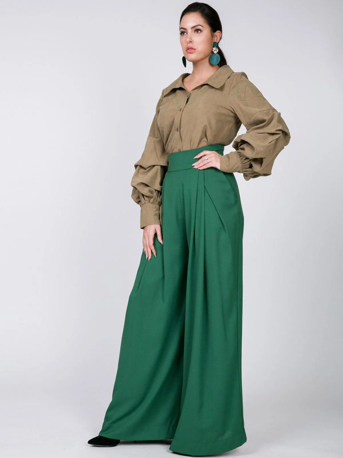 WOMEN'S LONG PUFF SLEEVE BUTTON CLOSURE TRIM DETAILED BLOUSE