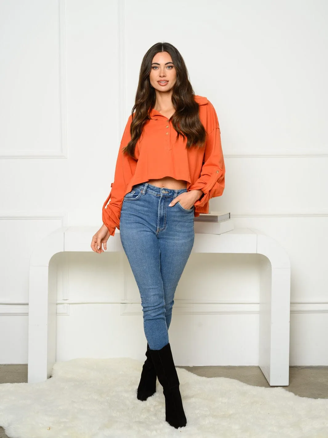 WOMEN'S LONG PUFF SLEEVE BUTTON UP TOP