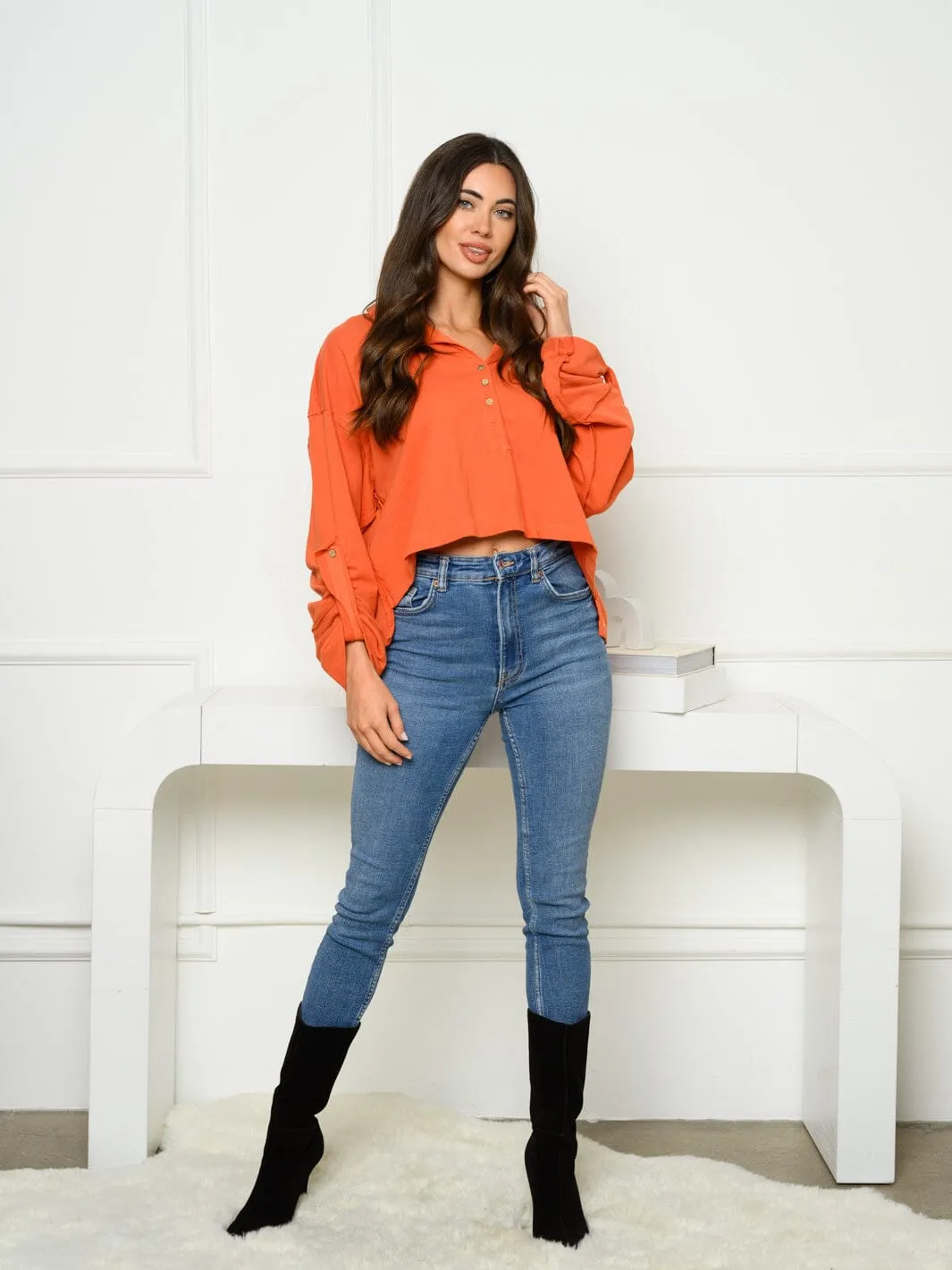 WOMEN'S LONG PUFF SLEEVE BUTTON UP TOP