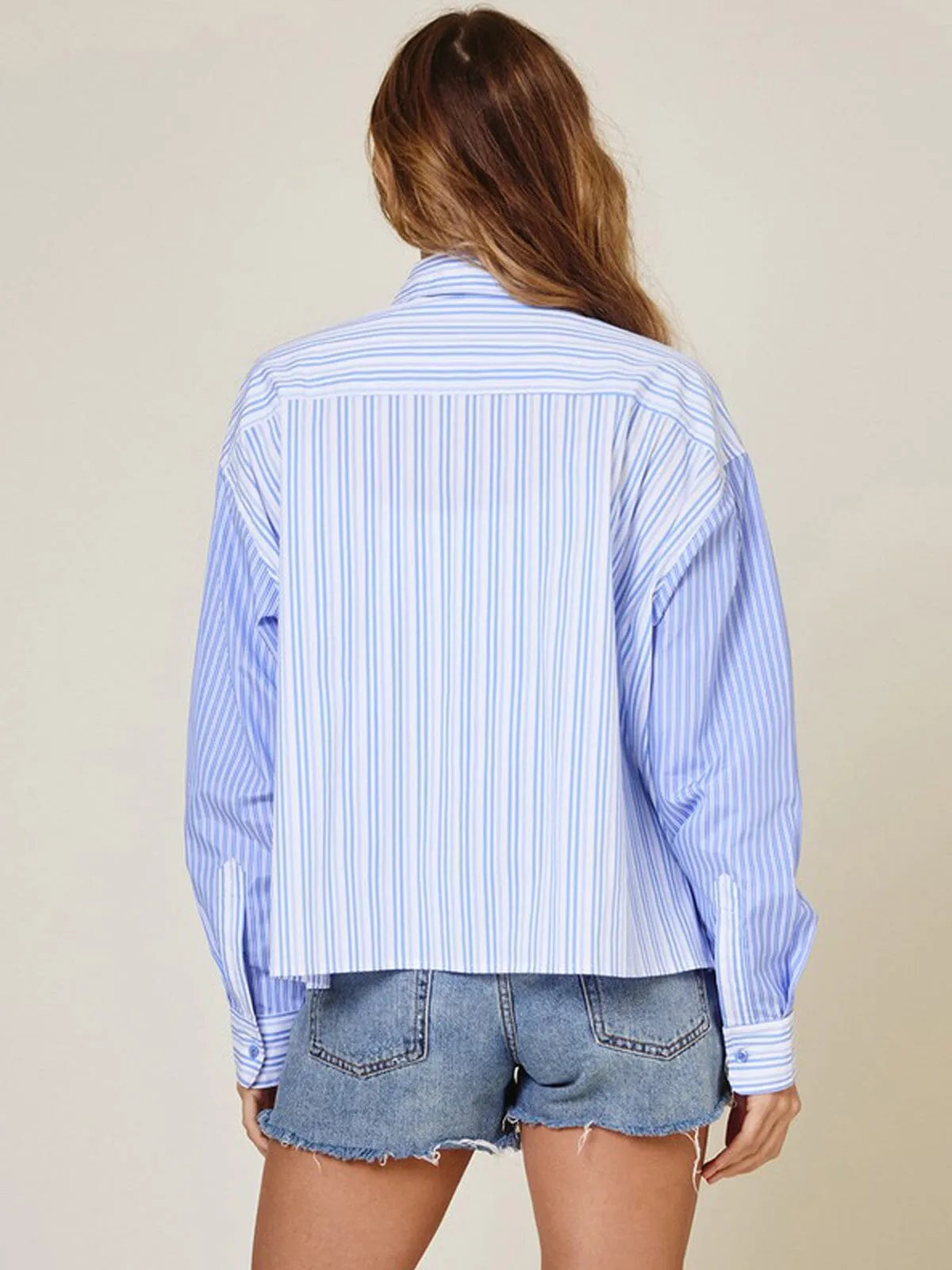 WOMEN'S LONG SLEEVE 2 TONE BUTTON UP STRIPES TOP