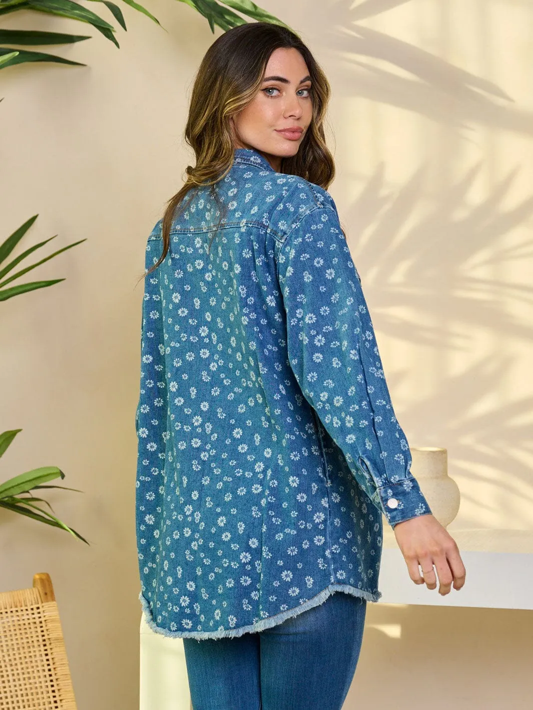 WOMEN'S LONG SLEEVE BUTTON CLOSURE DENIM PRINT TOP