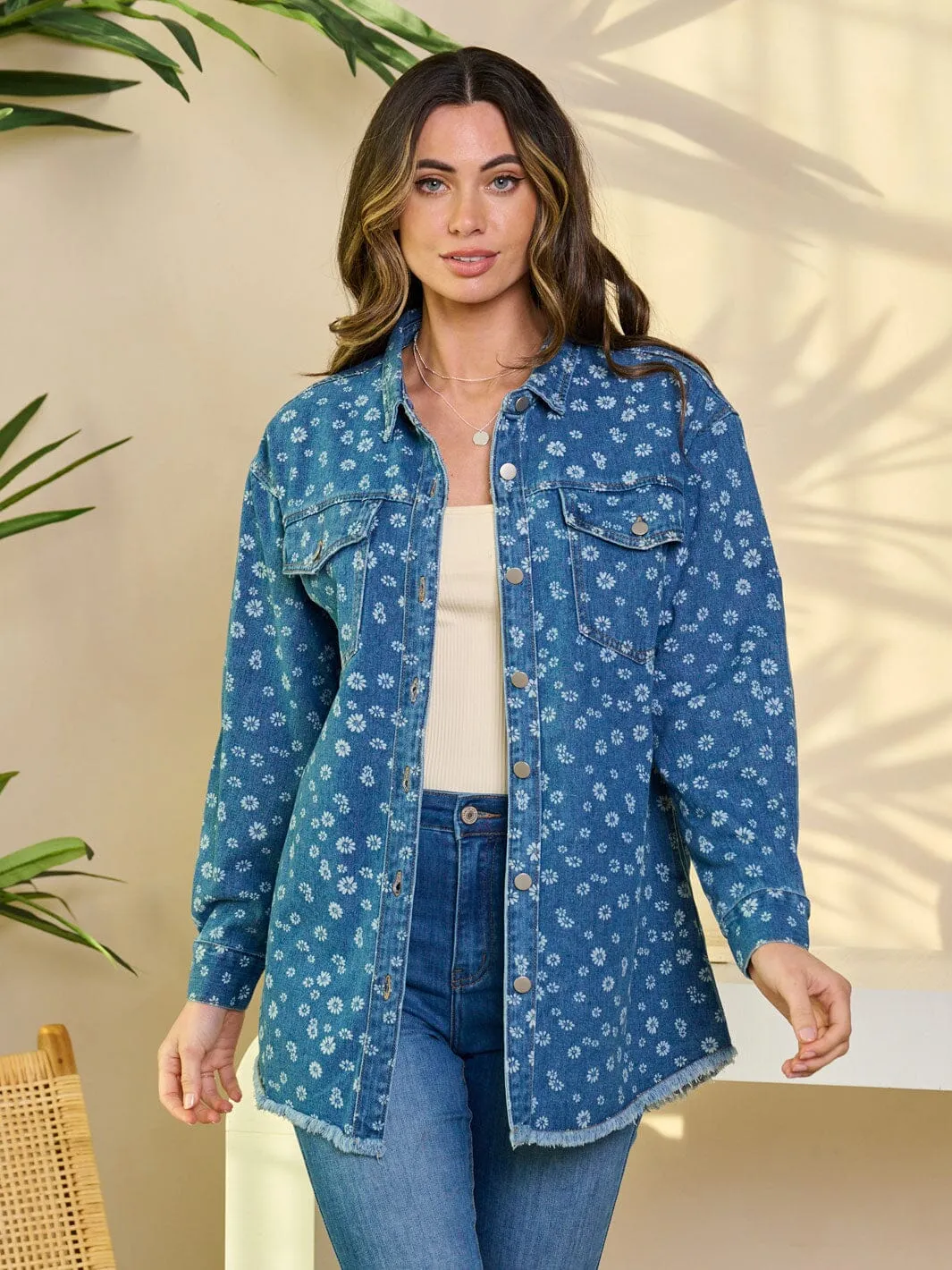 WOMEN'S LONG SLEEVE BUTTON CLOSURE DENIM PRINT TOP