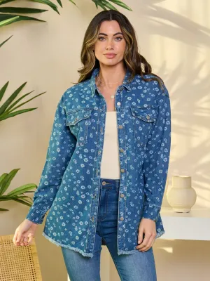 WOMEN'S LONG SLEEVE BUTTON CLOSURE DENIM PRINT TOP