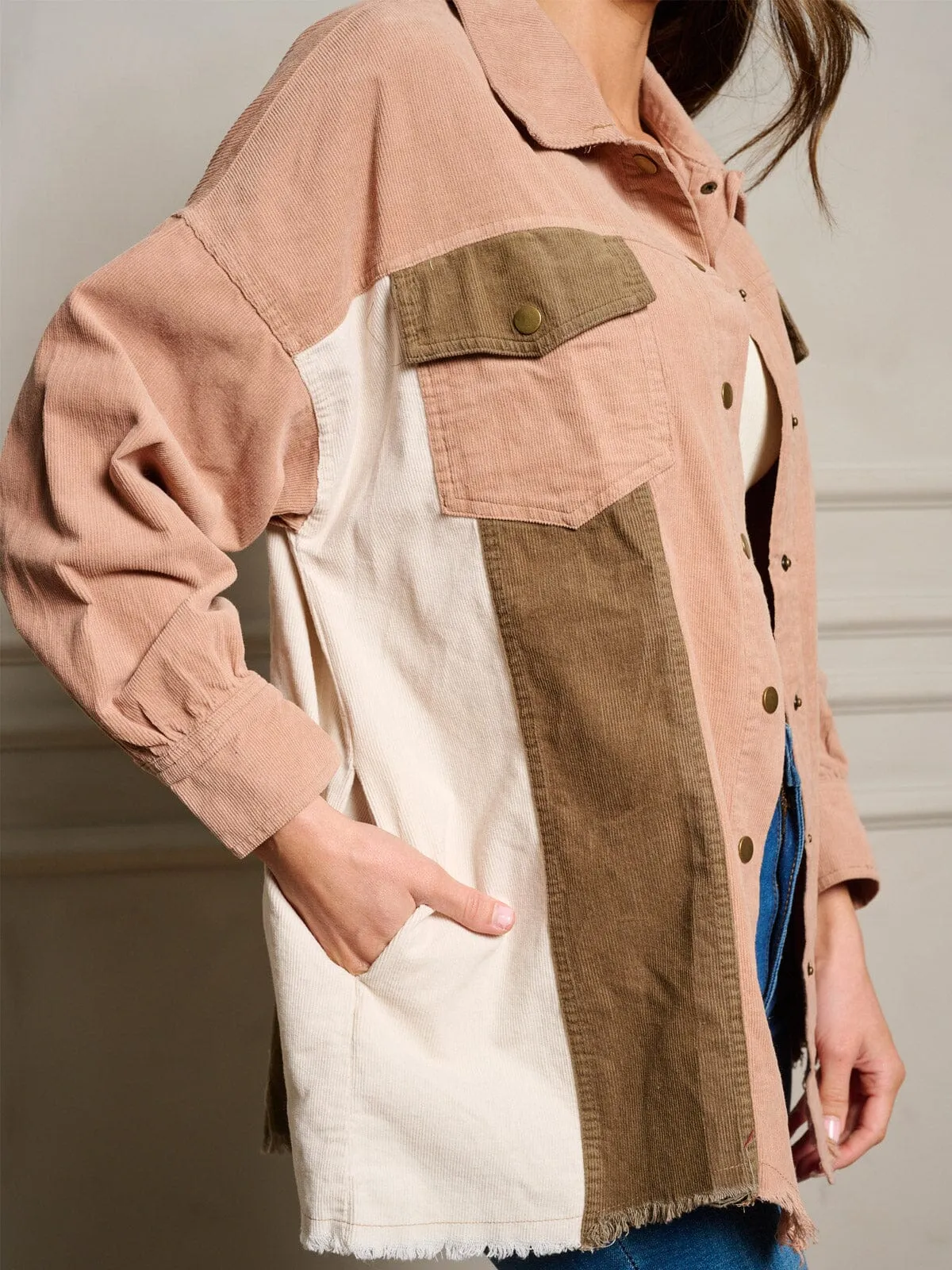 WOMEN'S LONG SLEEVE BUTTON UP COLORBLOCK CORDUROY TOP