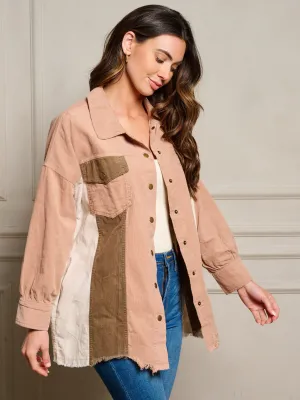 WOMEN'S LONG SLEEVE BUTTON UP COLORBLOCK CORDUROY TOP