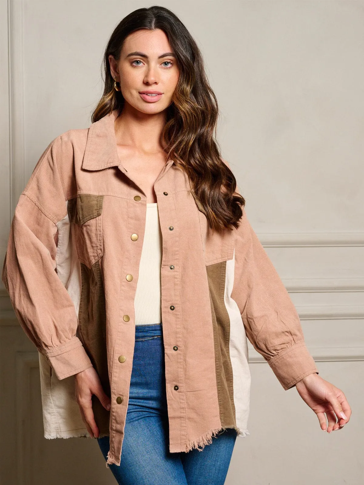 WOMEN'S LONG SLEEVE BUTTON UP COLORBLOCK CORDUROY TOP