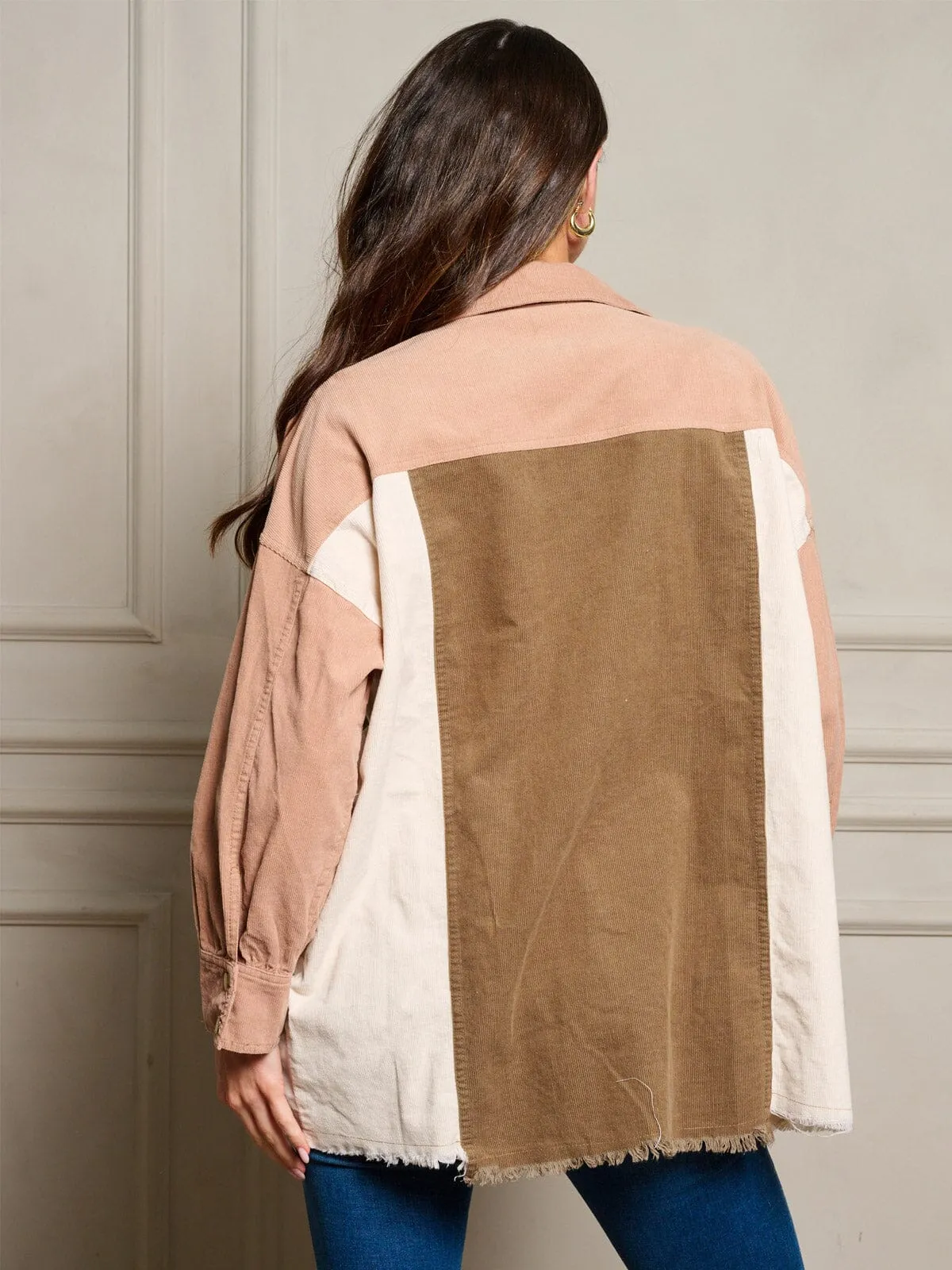 WOMEN'S LONG SLEEVE BUTTON UP COLORBLOCK CORDUROY TOP