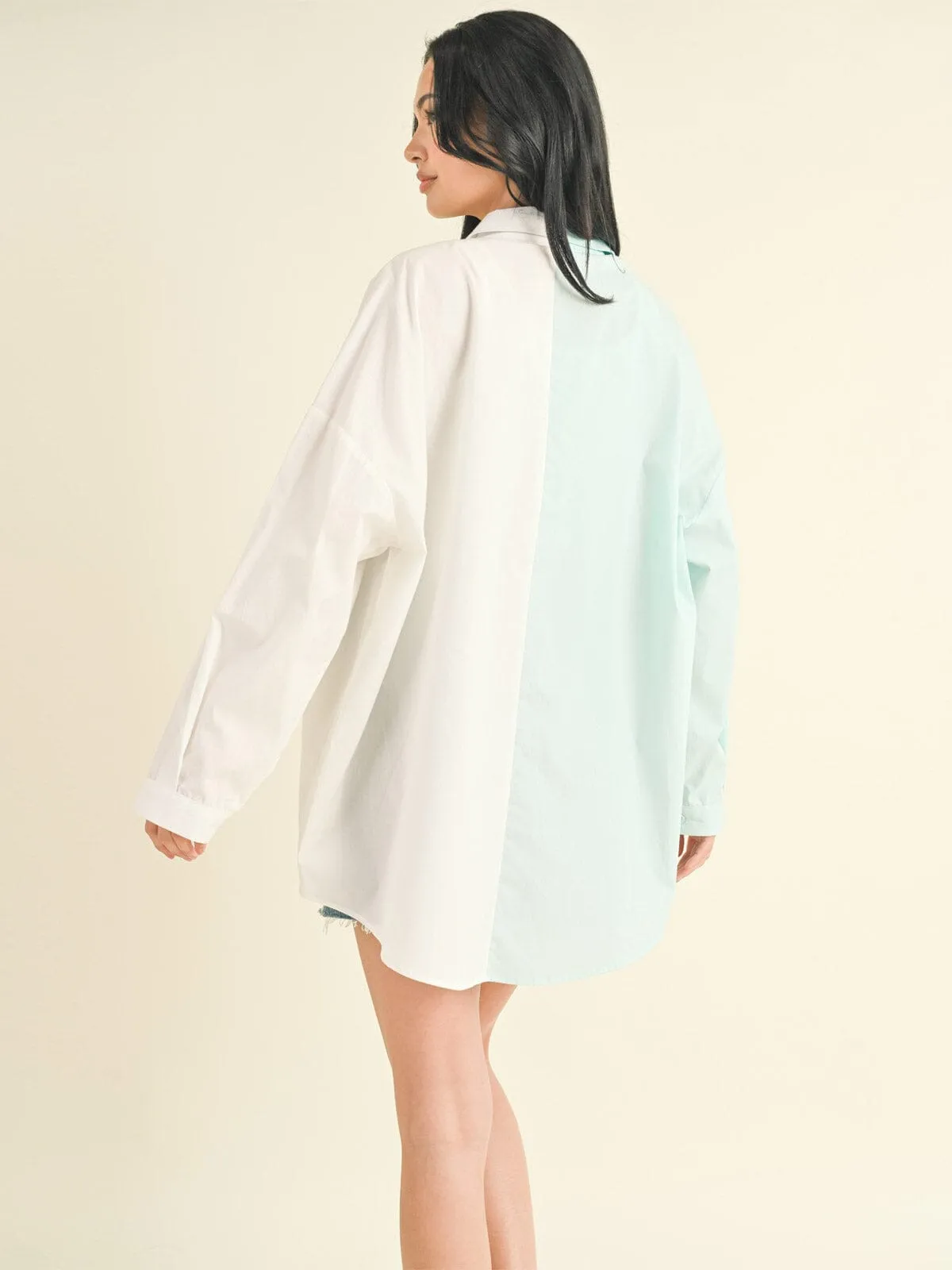 WOMEN'S LONG SLEEVE BUTTON UP COLORBLOCK OVERSIZED TOP