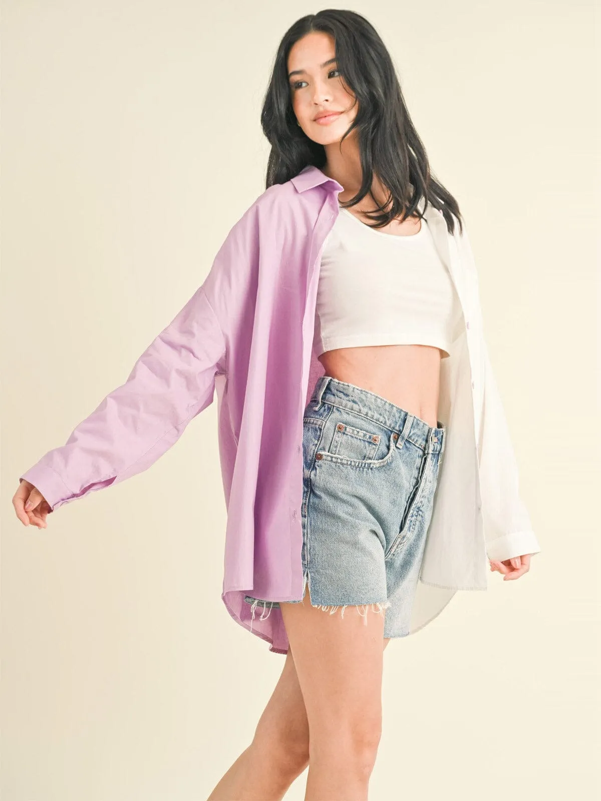 WOMEN'S LONG SLEEVE BUTTON UP COLORBLOCK OVERSIZED TOP