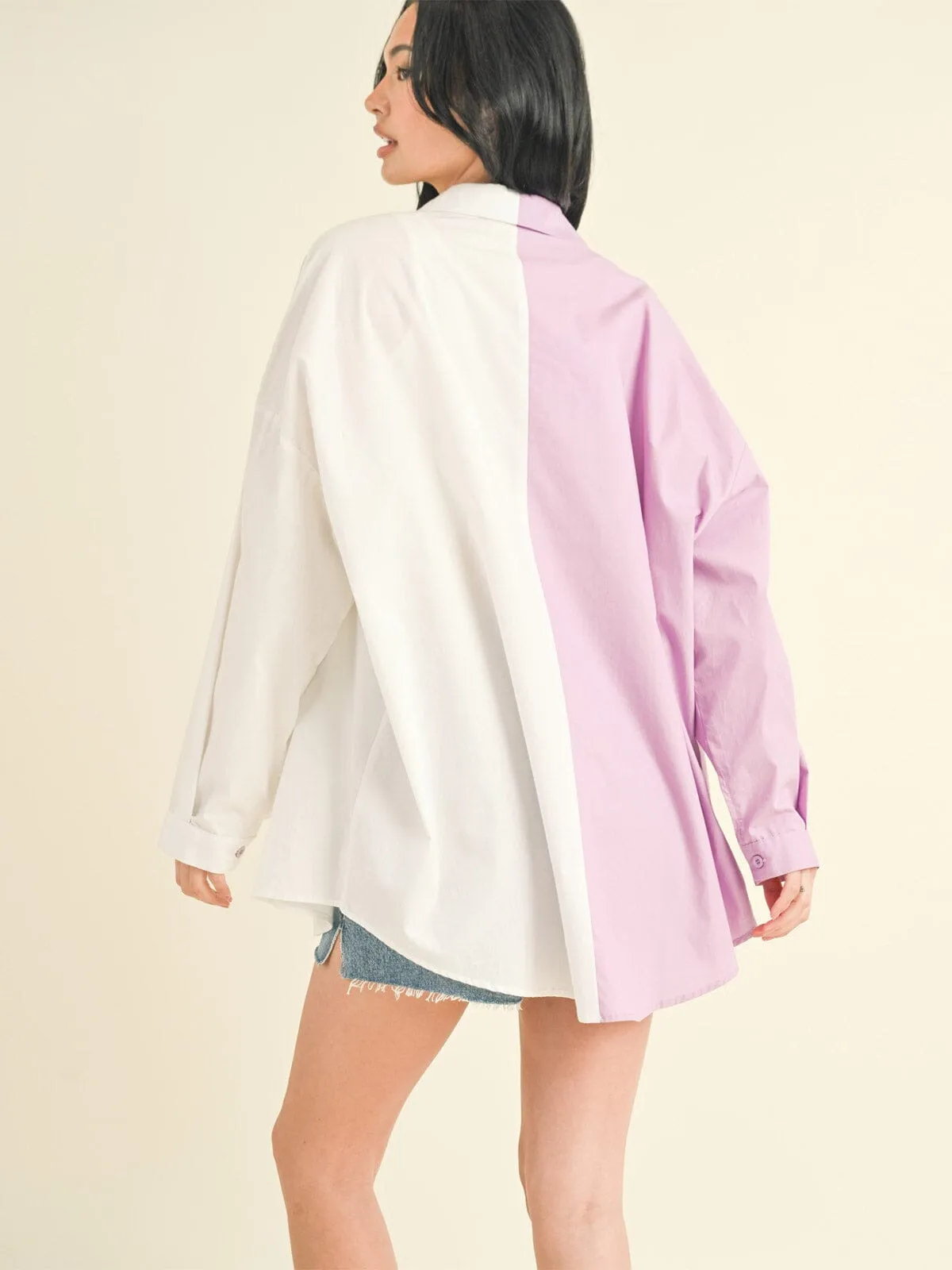 WOMEN'S LONG SLEEVE BUTTON UP COLORBLOCK OVERSIZED TOP