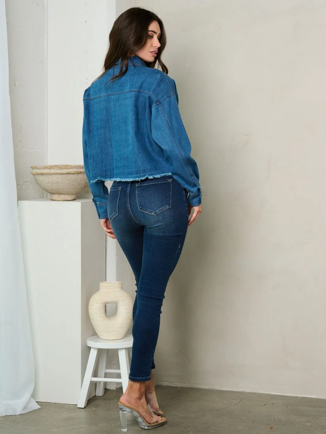 WOMEN'S LONG SLEEVE BUTTON UP DENIM TOP