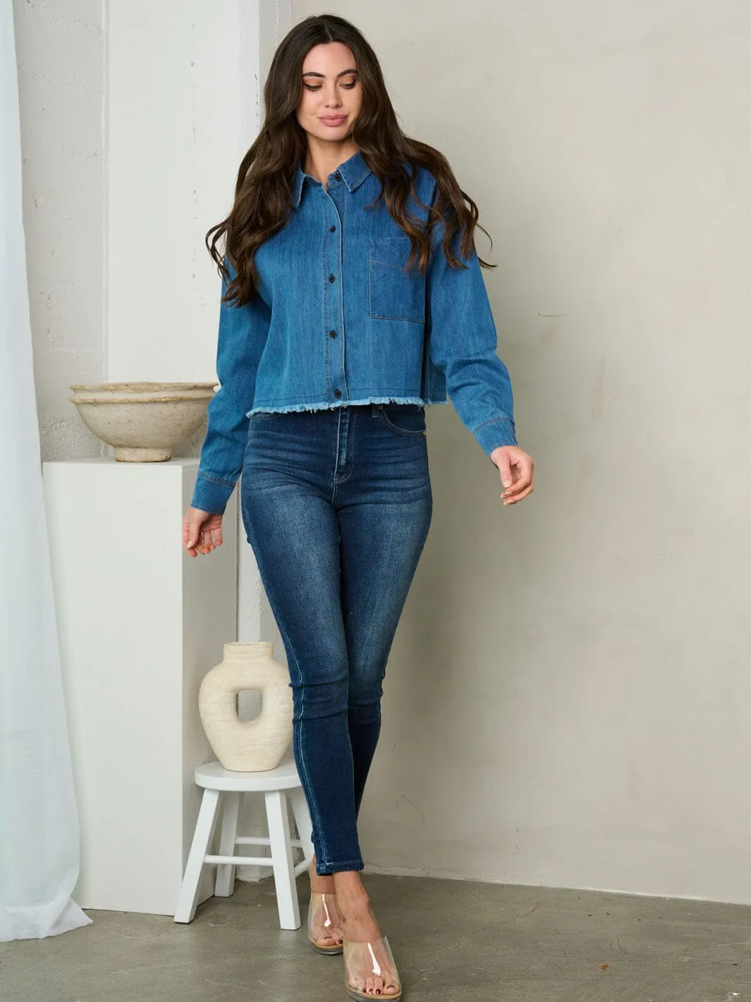 WOMEN'S LONG SLEEVE BUTTON UP DENIM TOP