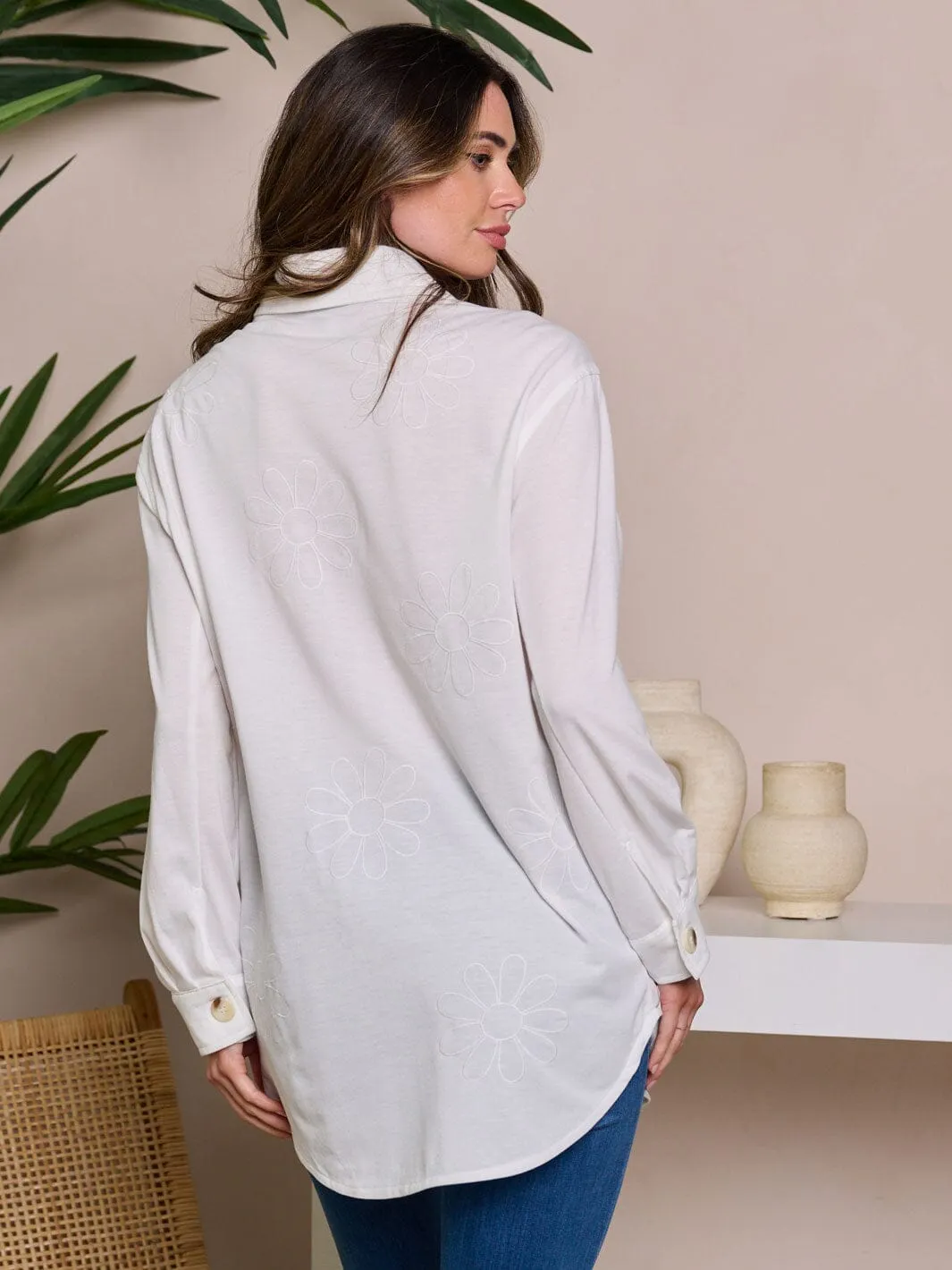 WOMEN'S LONG SLEEVE BUTTON UP EMBROIDERY DETAILED BLOUSE TOP