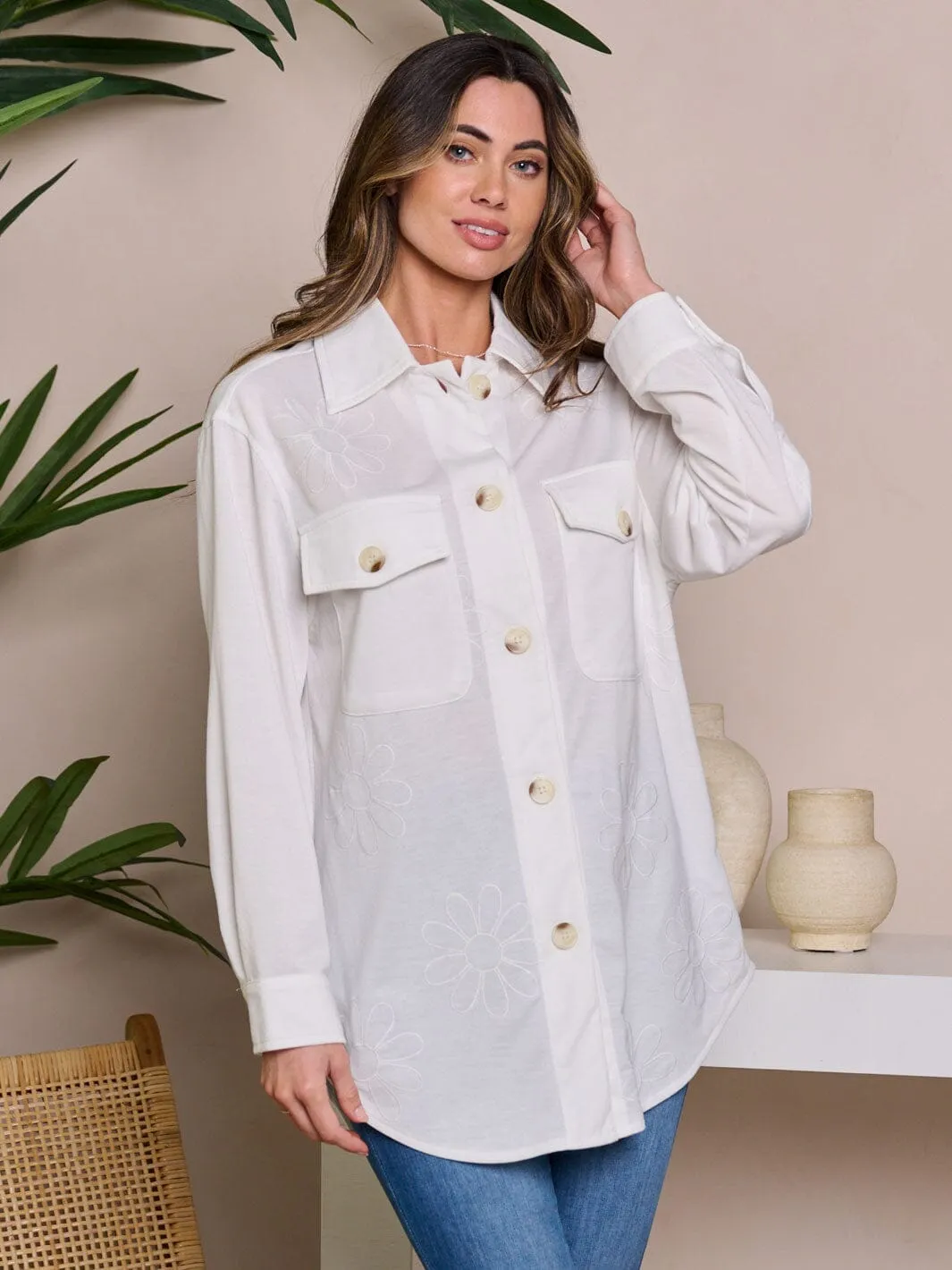 WOMEN'S LONG SLEEVE BUTTON UP EMBROIDERY DETAILED BLOUSE TOP
