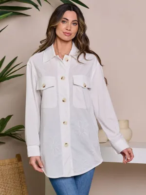 WOMEN'S LONG SLEEVE BUTTON UP EMBROIDERY DETAILED BLOUSE TOP