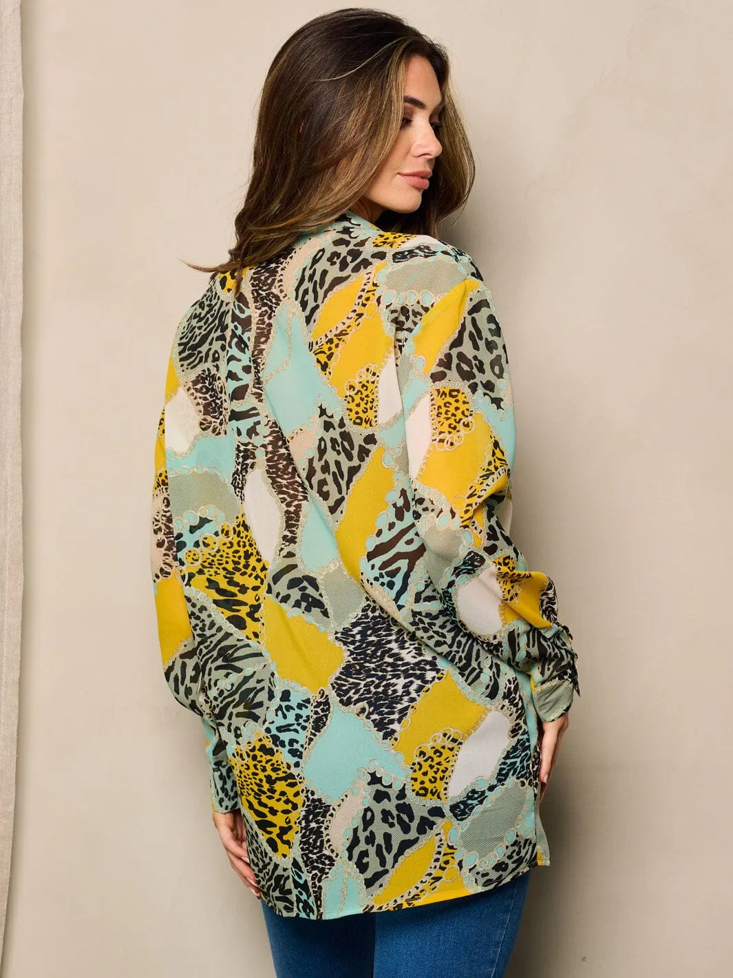 WOMEN'S LONG SLEEVE BUTTON UP FRONT POCKET MULTI PRINT BLOUSE TOP