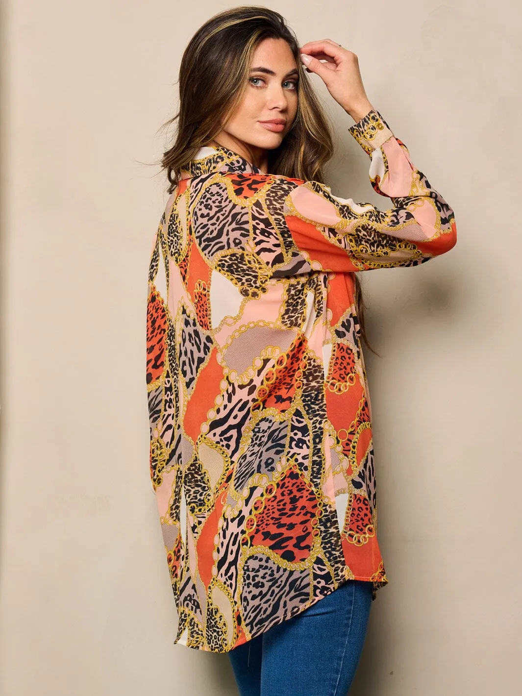 WOMEN'S LONG SLEEVE BUTTON UP FRONT POCKET MULTI PRINT BLOUSE TOP
