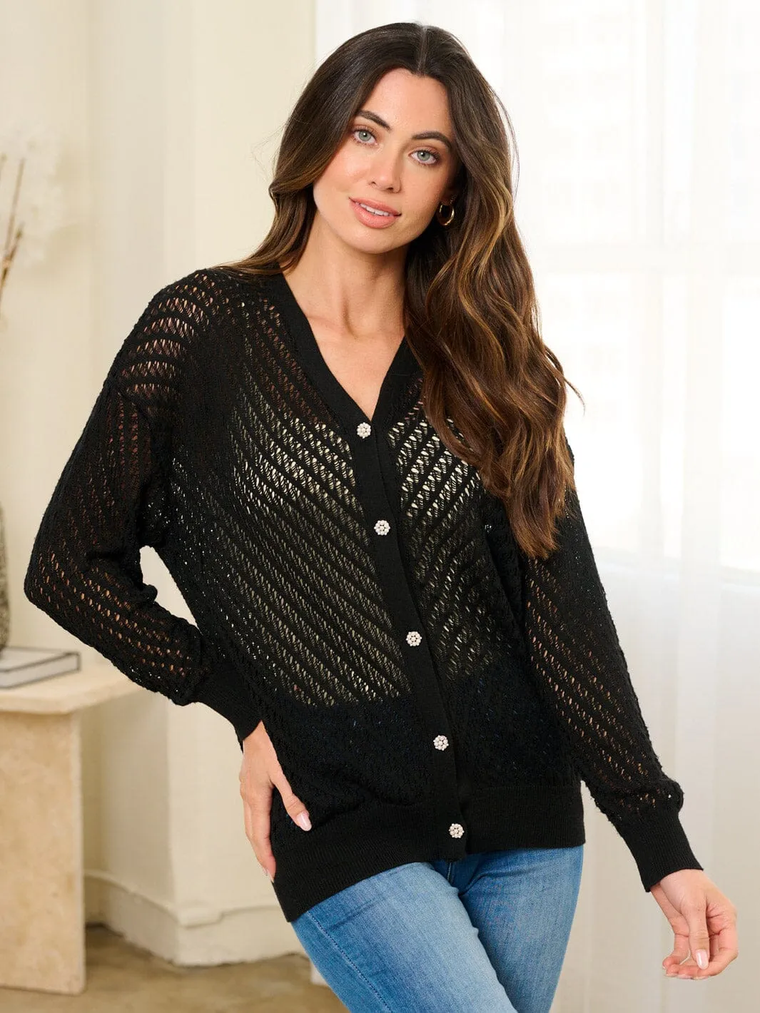WOMEN'S LONG SLEEVE BUTTON UP KNIT BLOUSE TOP