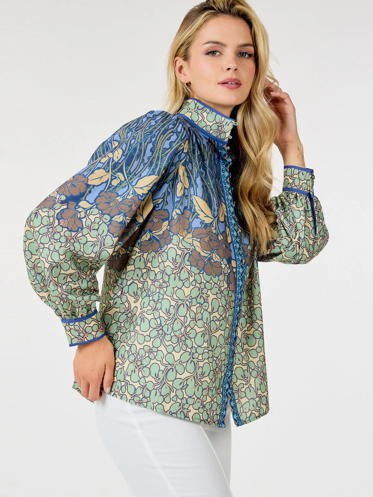 WOMEN'S LONG SLEEVE BUTTON UP MULTI PRINT BLOUSE